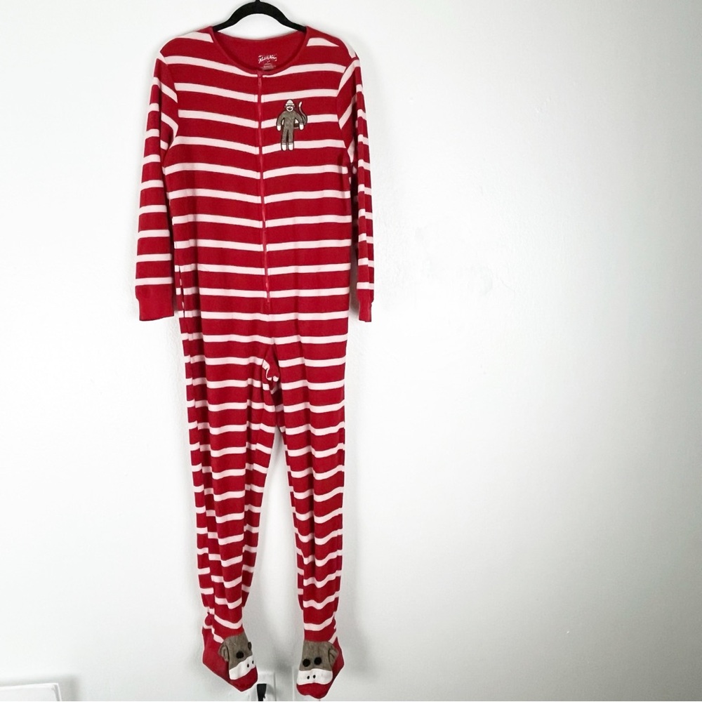 NICK & NORA Red Striped Front Zipper Foot Enclosure Long Sleeves Pajamas Small